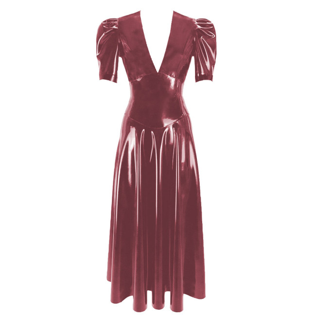 Women's Vinyl Long Pleated Dress Womens Elegant V-Neck Short Sleeved Dress Glossy PVC Leather High Waist Slim Fit Long Dresseach Dress