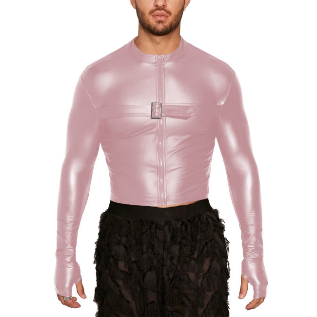 Men's Round Neck Long Sleeve T-shirt Matte PU Leather Slim Male Tops for Nightclub Party Blouse Solid Color Casual Crop Jacket