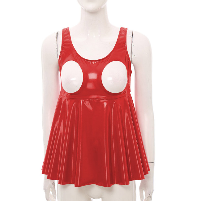 Exotic Sexy Sleeveless Cupless PVC Leather Dress Tops Sissy Exposed Breasts High Waist Ruffles T-shirt Party Club Skirted Tops