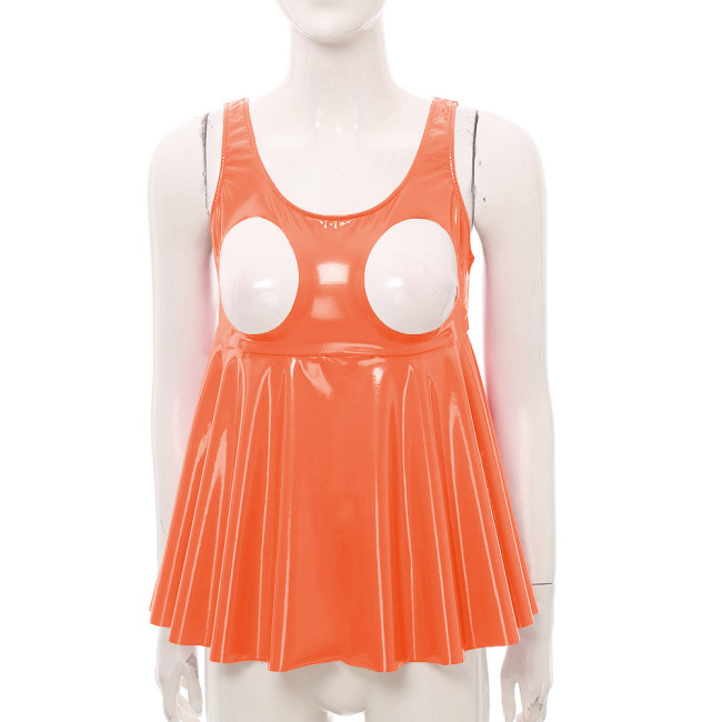 Exotic Sexy Sleeveless Cupless PVC Leather Dress Tops Sissy Exposed Breasts High Waist Ruffles T-shirt Party Club Skirted Tops