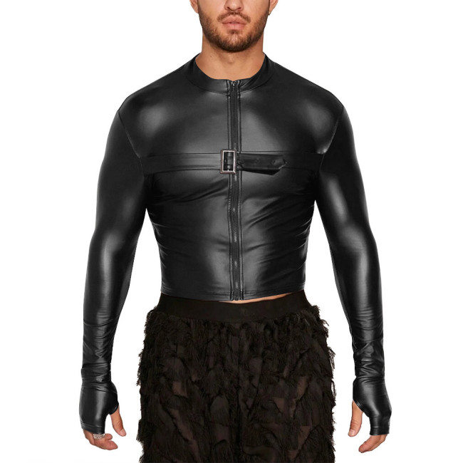 Men's Round Neck Long Sleeve T-shirt Matte PU Leather Slim Male Tops for Nightclub Party Blouse Solid Color Casual Crop Jacket