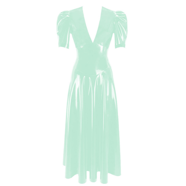 Women's Vinyl Long Pleated Dress Womens Elegant V-Neck Short Sleeved Dress Glossy PVC Leather High Waist Slim Fit Long Dresseach Dress