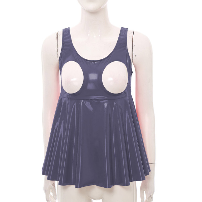 Exotic Sexy Sleeveless Cupless PVC Leather Dress Tops Sissy Exposed Breasts High Waist Ruffles T-shirt Party Club Skirted Tops