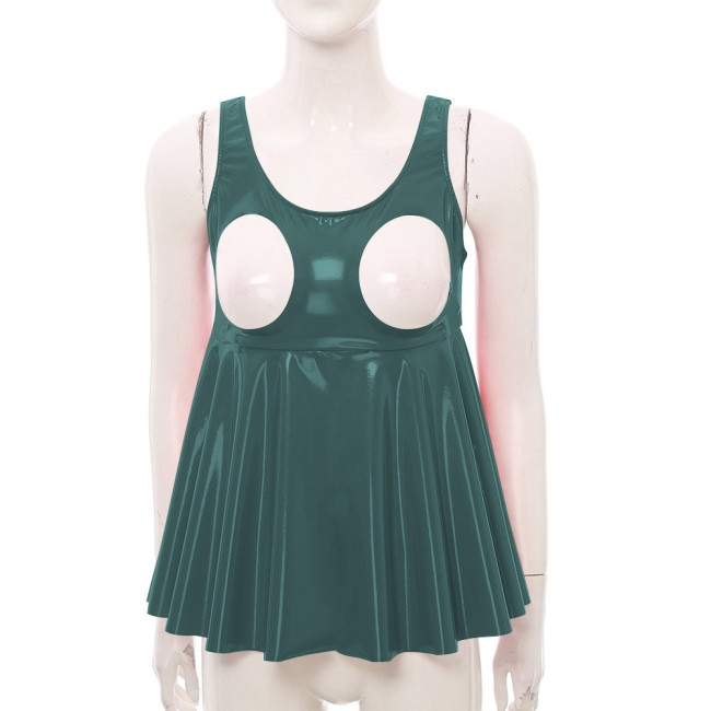Exotic Sexy Sleeveless Cupless PVC Leather Dress Tops Sissy Exposed Breasts High Waist Ruffles T-shirt Party Club Skirted Tops