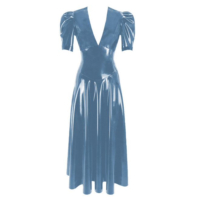 Women's Vinyl Long Pleated Dress Womens Elegant V-Neck Short Sleeved Dress Glossy PVC Leather High Waist Slim Fit Long Dresseach Dress