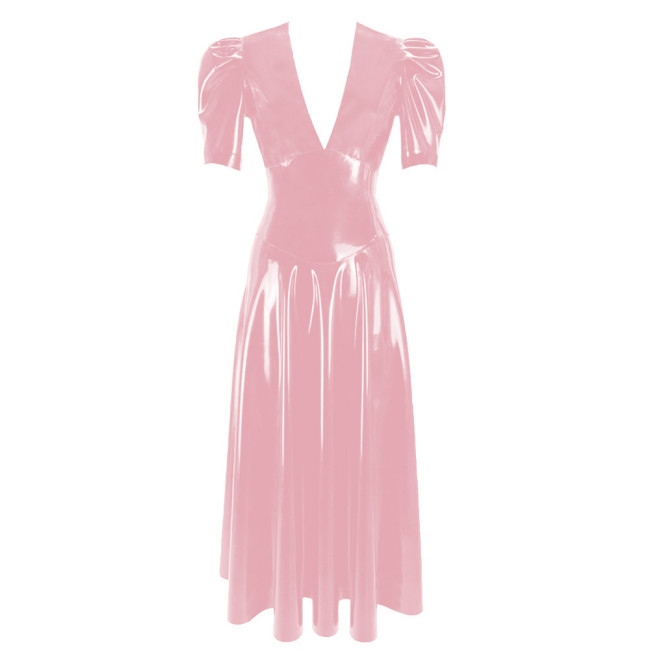 Women's Vinyl Long Pleated Dress Womens Elegant V-Neck Short Sleeved Dress Glossy PVC Leather High Waist Slim Fit Long Dresseach Dress