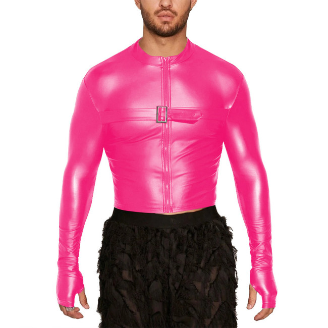 Men's Round Neck Long Sleeve T-shirt Matte PU Leather Slim Male Tops for Nightclub Party Blouse Solid Color Casual Crop Jacket