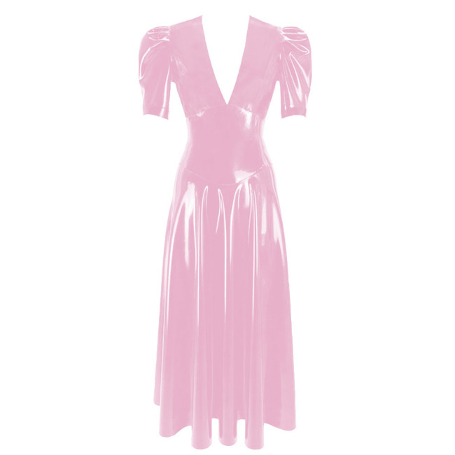 Women's Vinyl Long Pleated Dress Womens Elegant V-Neck Short Sleeved Dress Glossy PVC Leather High Waist Slim Fit Long Dresseach Dress