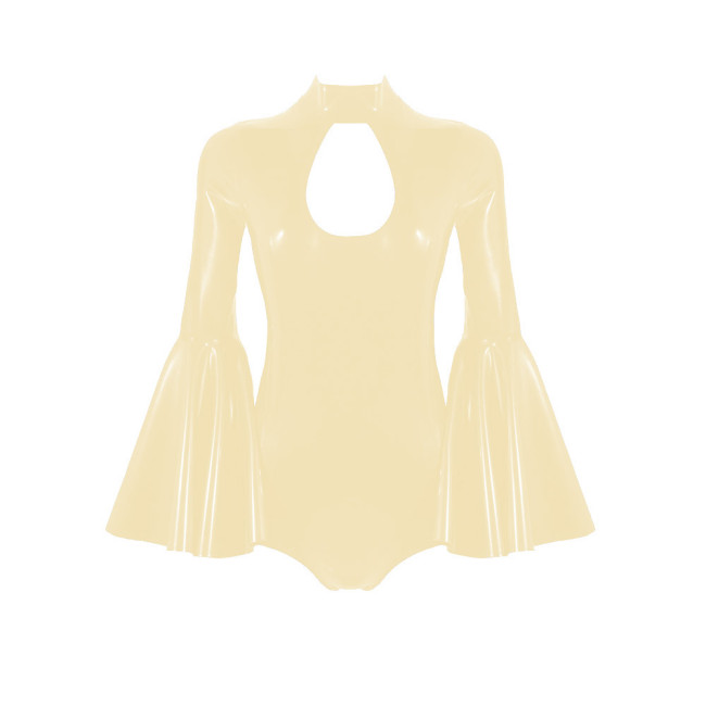 Sexy Wetlook Hollow Out Bodysuit Exotic Lingerie Shiny PVC Leather High Cut Catsuit Flared Long Sleeve Rompers Sissy Clubwear