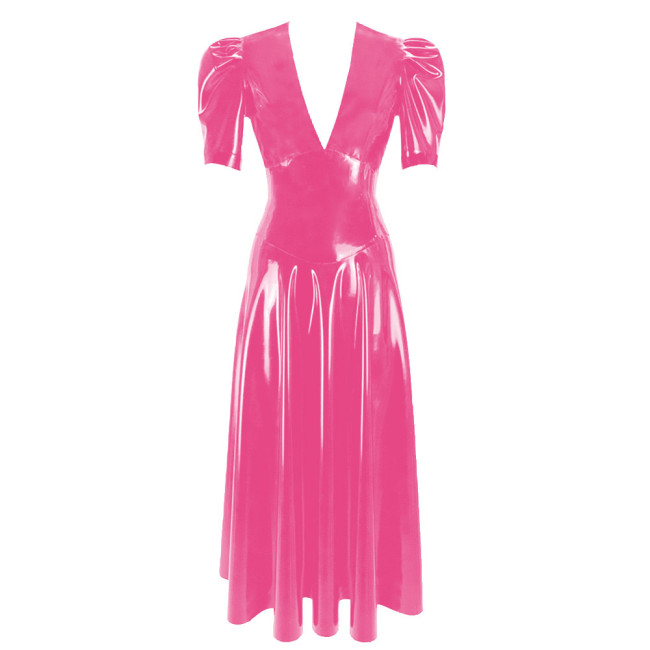 Women's Vinyl Long Pleated Dress Womens Elegant V-Neck Short Sleeved Dress Glossy PVC Leather High Waist Slim Fit Long Dresseach Dress
