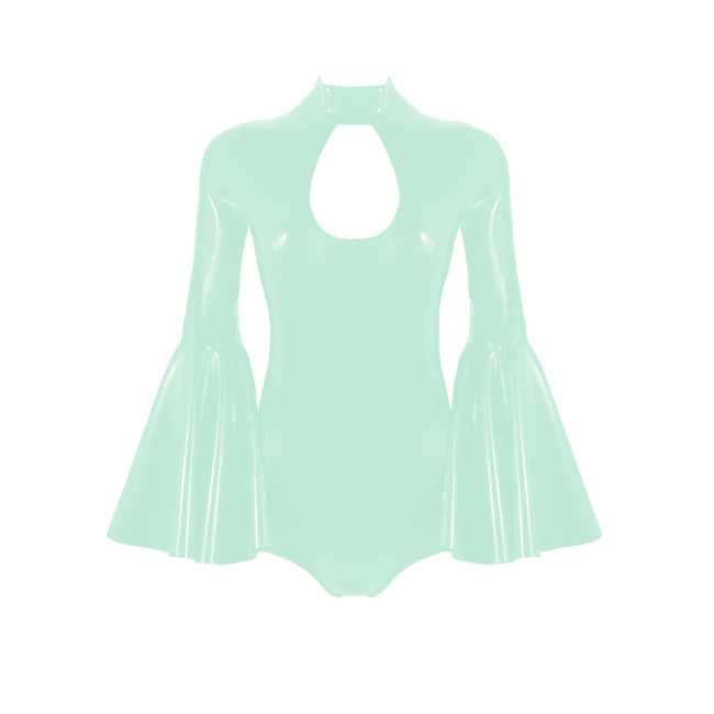 Sexy Wetlook Hollow Out Bodysuit Exotic Lingerie Shiny PVC Leather High Cut Catsuit Flared Long Sleeve Rompers Sissy Clubwear