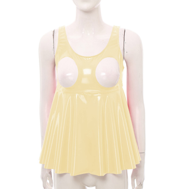 Exotic Sexy Sleeveless Cupless PVC Leather Dress Tops Sissy Exposed Breasts High Waist Ruffles T-shirt Party Club Skirted Tops