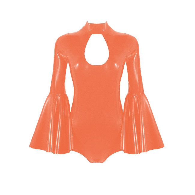 Sexy Wetlook Hollow Out Bodysuit Exotic Lingerie Shiny PVC Leather High Cut Catsuit Flared Long Sleeve Rompers Sissy Clubwear