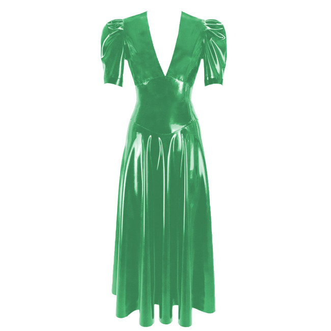 Women's Vinyl Long Pleated Dress Womens Elegant V-Neck Short Sleeved Dress Glossy PVC Leather High Waist Slim Fit Long Dresseach Dress