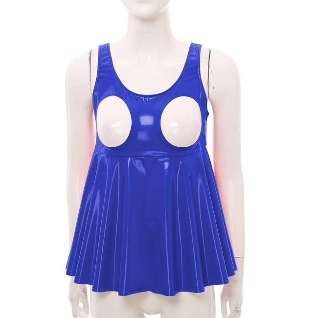 Exotic Sexy Sleeveless Cupless PVC Leather Dress Tops Sissy Exposed Breasts High Waist Ruffles T-shirt Party Club Skirted Tops