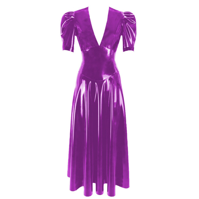 Women's Vinyl Long Pleated Dress Womens Elegant V-Neck Short Sleeved Dress Glossy PVC Leather High Waist Slim Fit Long Dresseach Dress