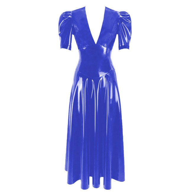 Women's Vinyl Long Pleated Dress Womens Elegant V-Neck Short Sleeved Dress Glossy PVC Leather High Waist Slim Fit Long Dresseach Dress