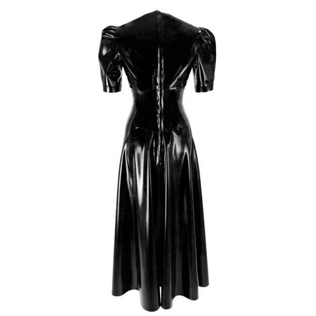 Women's Vinyl Long Pleated Dress Womens Elegant V-Neck Short Sleeved Dress Glossy PVC Leather High Waist Slim Fit Long Dresseach Dress