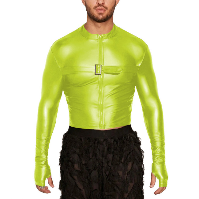 Men's Round Neck Long Sleeve T-shirt Matte PU Leather Slim Male Tops for Nightclub Party Blouse Solid Color Casual Crop Jacket