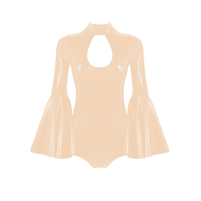 Sexy Wetlook Hollow Out Bodysuit Exotic Lingerie Shiny PVC Leather High Cut Catsuit Flared Long Sleeve Rompers Sissy Clubwear