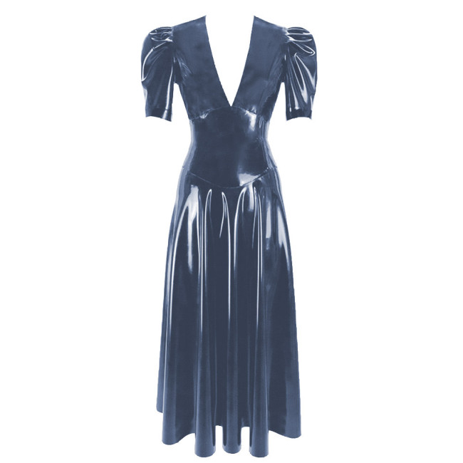 Women's Vinyl Long Pleated Dress Womens Elegant V-Neck Short Sleeved Dress Glossy PVC Leather High Waist Slim Fit Long Dresseach Dress