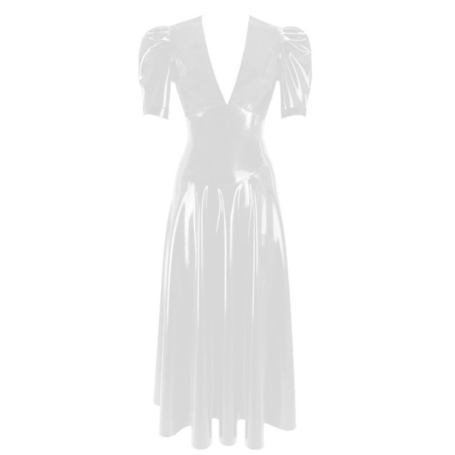 Women's Vinyl Long Pleated Dress Womens Elegant V-Neck Short Sleeved Dress Glossy PVC Leather High Waist Slim Fit Long Dresseach Dress