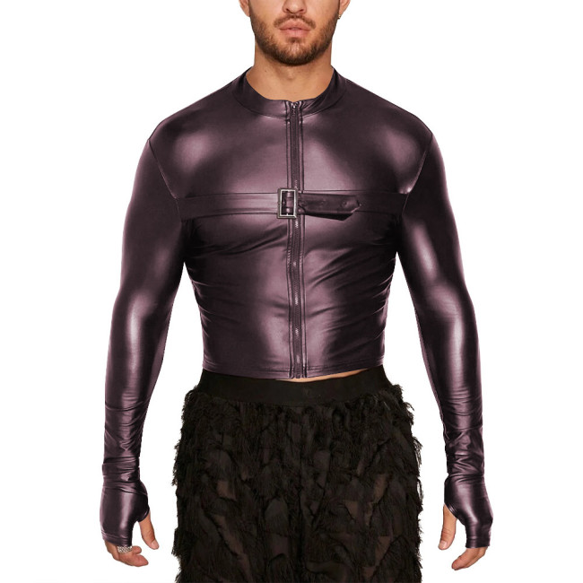 Men's Round Neck Long Sleeve T-shirt Matte PU Leather Slim Male Tops for Nightclub Party Blouse Solid Color Casual Crop Jacket