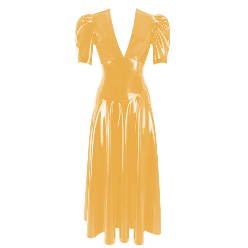 Women's Vinyl Long Pleated Dress Womens Elegant V-Neck Short Sleeved Dress Glossy PVC Leather High Waist Slim Fit Long Dresseach Dress