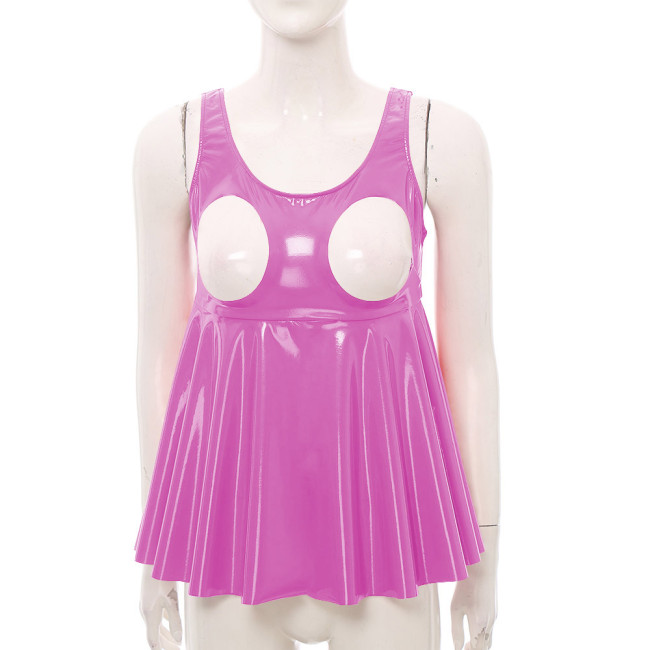 Exotic Sexy Sleeveless Cupless PVC Leather Dress Tops Sissy Exposed Breasts High Waist Ruffles T-shirt Party Club Skirted Tops