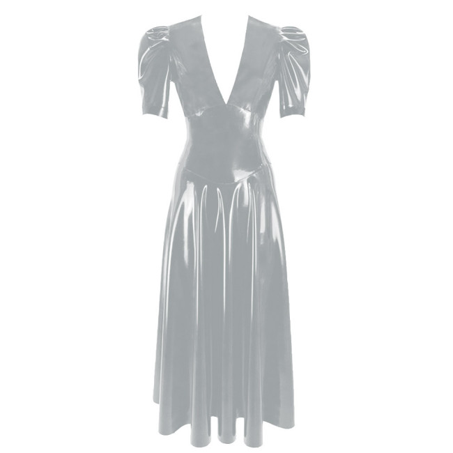 Women's Vinyl Long Pleated Dress Womens Elegant V-Neck Short Sleeved Dress Glossy PVC Leather High Waist Slim Fit Long Dresseach Dress