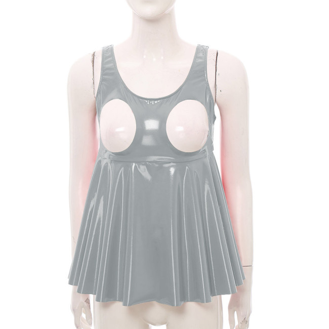 Exotic Sexy Sleeveless Cupless PVC Leather Dress Tops Sissy Exposed Breasts High Waist Ruffles T-shirt Party Club Skirted Tops