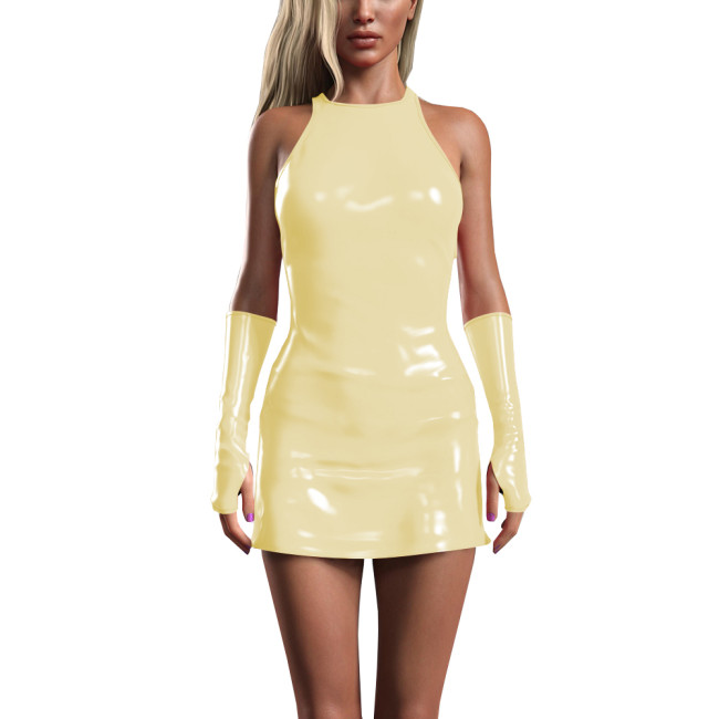 Hot Girls Skinny PVC Leather Mini Dress Women Summer Sexy Wetlook Zipper Back Sleeveless Short Dress Solid Gloves Club Outfits