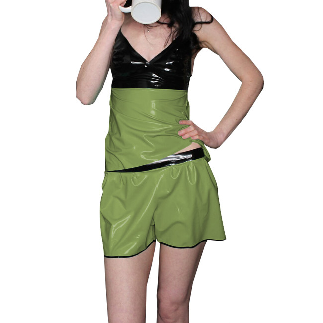 Womens Vinyl Sexy Suspenders V-Neck Pajamas Shorts Two-Piece Set Lingerie Glossy PVC Leather Patchwork Sleeveless Top and Shorts