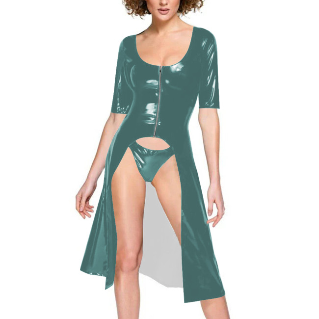 Women Vinyl PVC Leather Dress Coat with Tong Half Sleeve Sexy Scoop Neck Front Zipper Long Jackets Fetish Night Club Dancewear