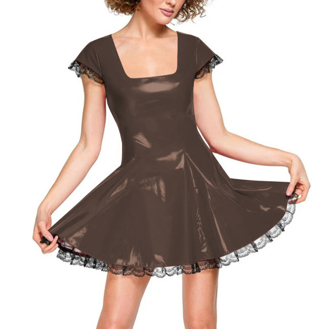 Sweet Square Collar Short Sleeve A-line Dress for Womens Punk Gothic Lace Trimmed Babydoll Mini Dress Fashionable Casual Dresses