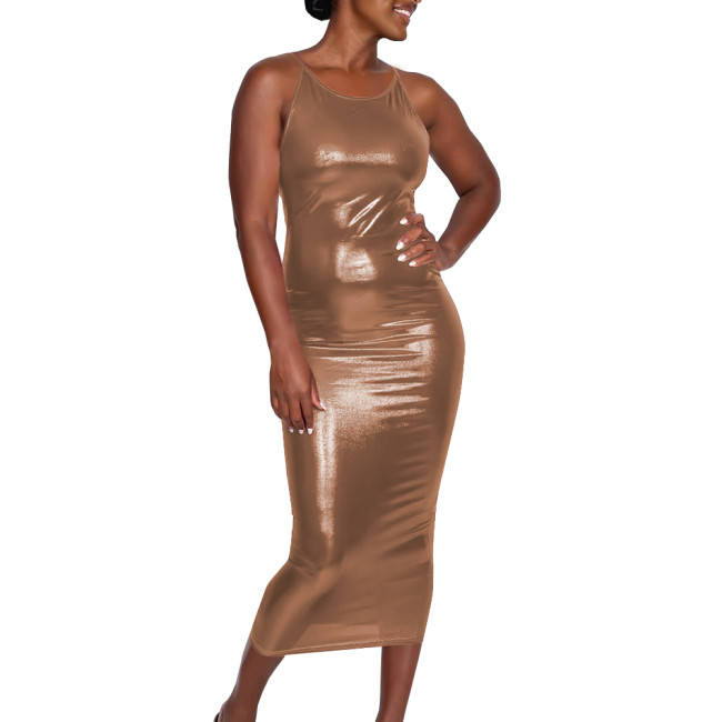 Cocktail Party Shiny Metallic Strappy Back Cami Dress Ladies Elegant Backless Slim Fit Midi Dress Sleeveless Club Bodycon Outfit