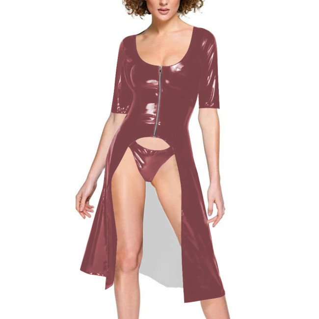 Women Vinyl PVC Leather Dress Coat with Tong Half Sleeve Sexy Scoop Neck Front Zipper Long Jackets Fetish Night Club Dancewear