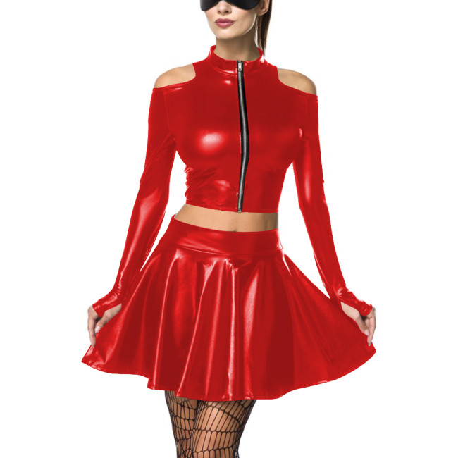 Women's Metallic Mock Neck Shiny Crop Top Pleated Short Skirt Pole Dancing Wetlook Two-Piece Clubwear Raves Party Outfit Set 7XLreetwear Casual Outfits