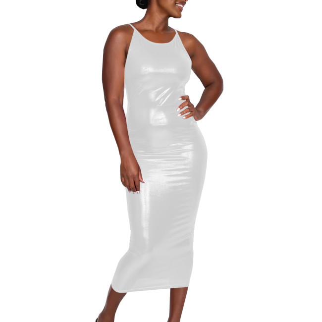 Cocktail Party Shiny Metallic Strappy Back Cami Dress Ladies Elegant Backless Slim Fit Midi Dress Sleeveless Club Bodycon Outfit