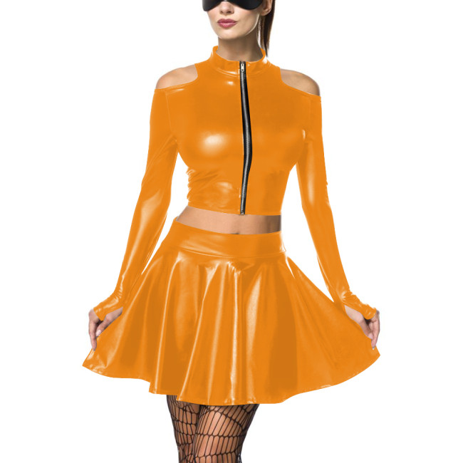 Women's Metallic Mock Neck Shiny Crop Top Pleated Short Skirt Pole Dancing Wetlook Two-Piece Clubwear Raves Party Outfit Set 7XLreetwear Casual Outfits