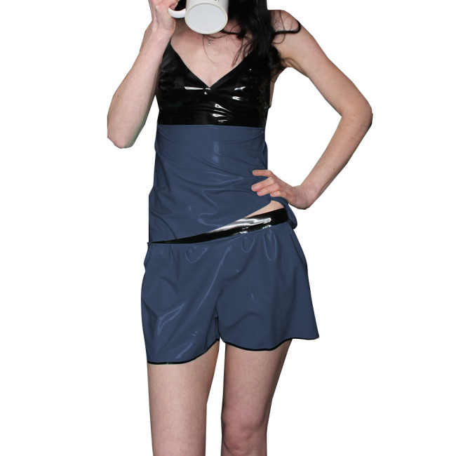 Womens Vinyl Sexy Suspenders V-Neck Pajamas Shorts Two-Piece Set Lingerie Glossy PVC Leather Patchwork Sleeveless Top and Shorts