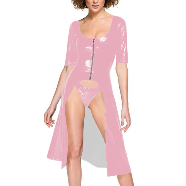 Women Vinyl PVC Leather Dress Coat with Tong Half Sleeve Sexy Scoop Neck Front Zipper Long Jackets Fetish Night Club Dancewear