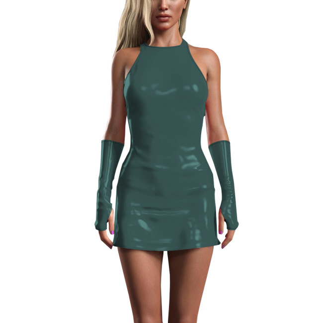 Hot Girls Skinny PVC Leather Mini Dress Women Summer Sexy Wetlook Zipper Back Sleeveless Short Dress Solid Gloves Club Outfits