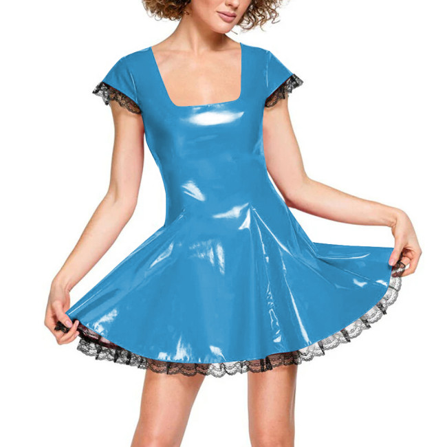 Sweet Square Collar Short Sleeve A-line Dress for Womens Punk Gothic Lace Trimmed Babydoll Mini Dress Fashionable Casual Dresses