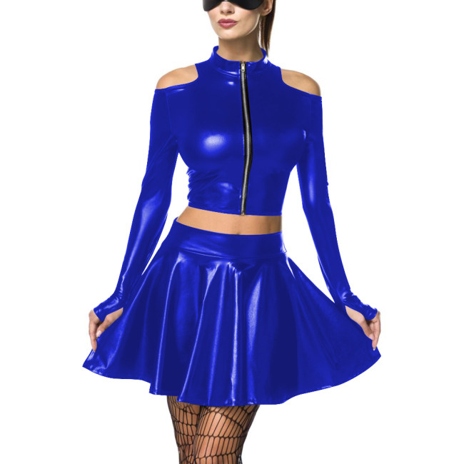 Women's Metallic Mock Neck Shiny Crop Top Pleated Short Skirt Pole Dancing Wetlook Two-Piece Clubwear Raves Party Outfit Set 7XLreetwear Casual Outfits
