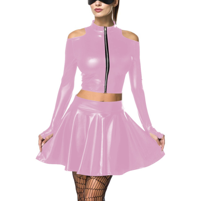 Women's Metallic Mock Neck Shiny Crop Top Pleated Short Skirt Pole Dancing Wetlook Two-Piece Clubwear Raves Party Outfit Set 7XLreetwear Casual Outfits