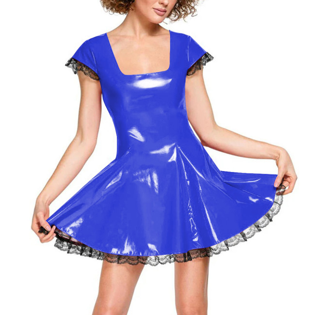Sweet Square Collar Short Sleeve A-line Dress for Womens Punk Gothic Lace Trimmed Babydoll Mini Dress Fashionable Casual Dresses