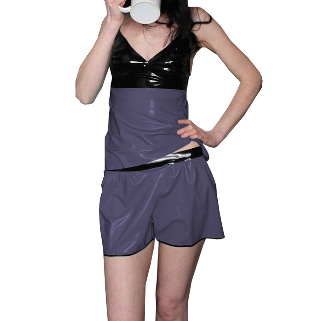 Womens Vinyl Sexy Suspenders V-Neck Pajamas Shorts Two-Piece Set Lingerie Glossy PVC Leather Patchwork Sleeveless Top and Shorts