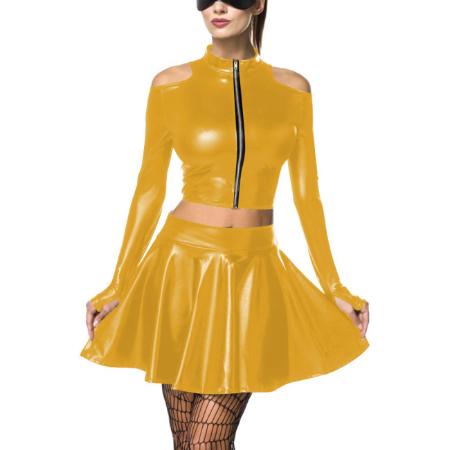 Women's Metallic Mock Neck Shiny Crop Top Pleated Short Skirt Pole Dancing Wetlook Two-Piece Clubwear Raves Party Outfit Set 7XLreetwear Casual Outfits