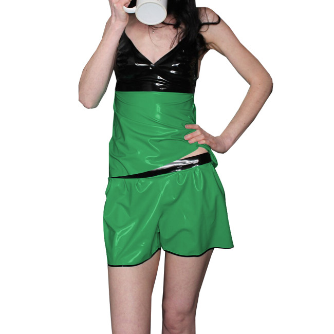 Womens Vinyl Sexy Suspenders V-Neck Pajamas Shorts Two-Piece Set Lingerie Glossy PVC Leather Patchwork Sleeveless Top and Shorts